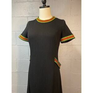 Vintage 1960s Black Knit Midi Dress XOXO Trim Shift Dress Small Med